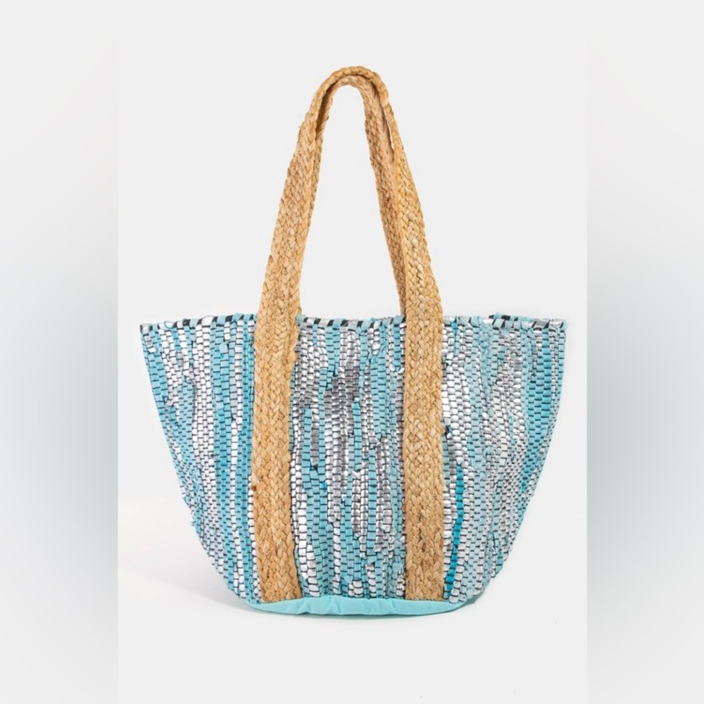 Vibrant Stripes Woven Tote Bag|Turquoise